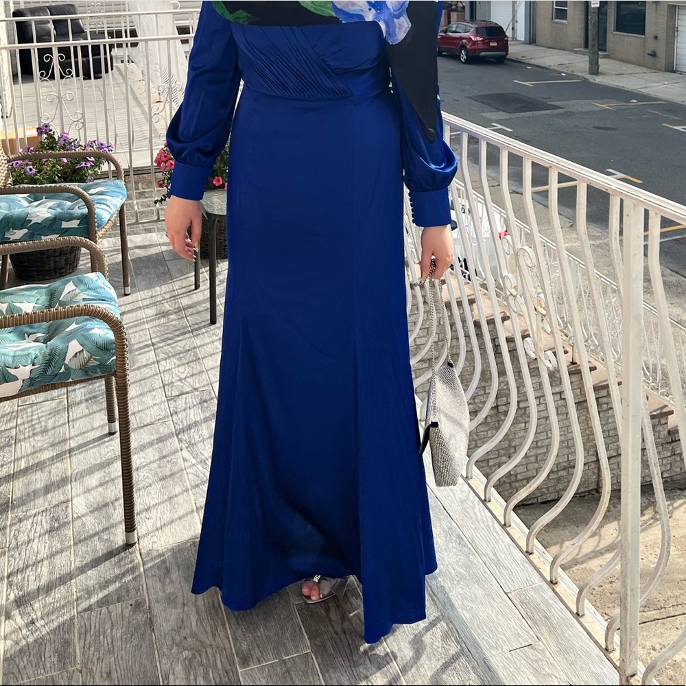Mac Duggal Empire Long sleeve Satin Dress Size 14 ROYAL BLUE WORN ONCE